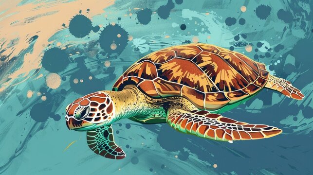 watercolor illustration, vintage style, World Turtle Day, big turtle underwater