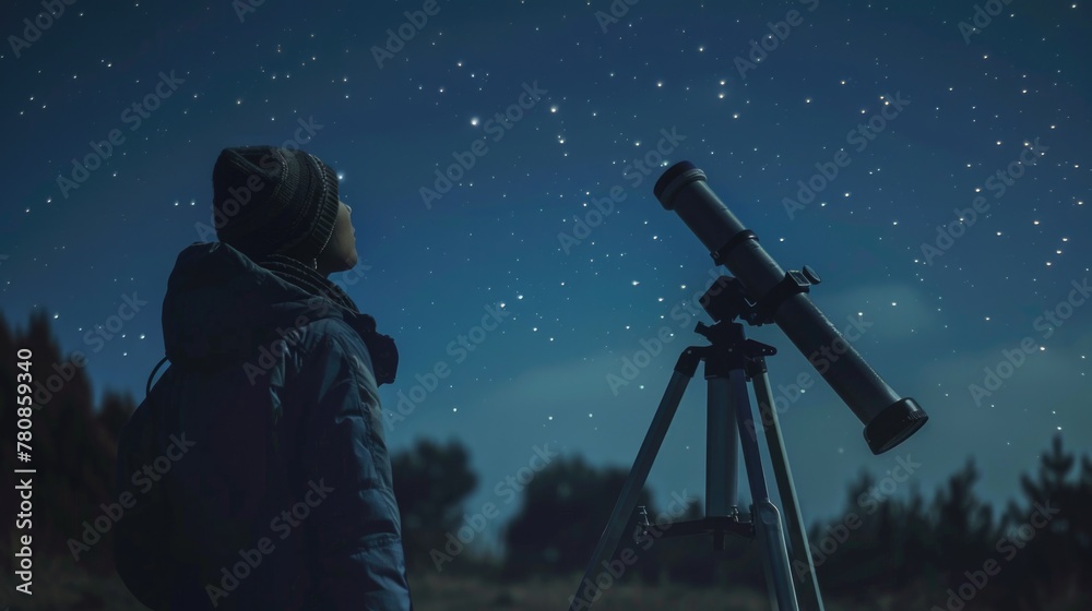 Poster a man looking at the stars through a telescope. suitable for astronomy enthusiasts