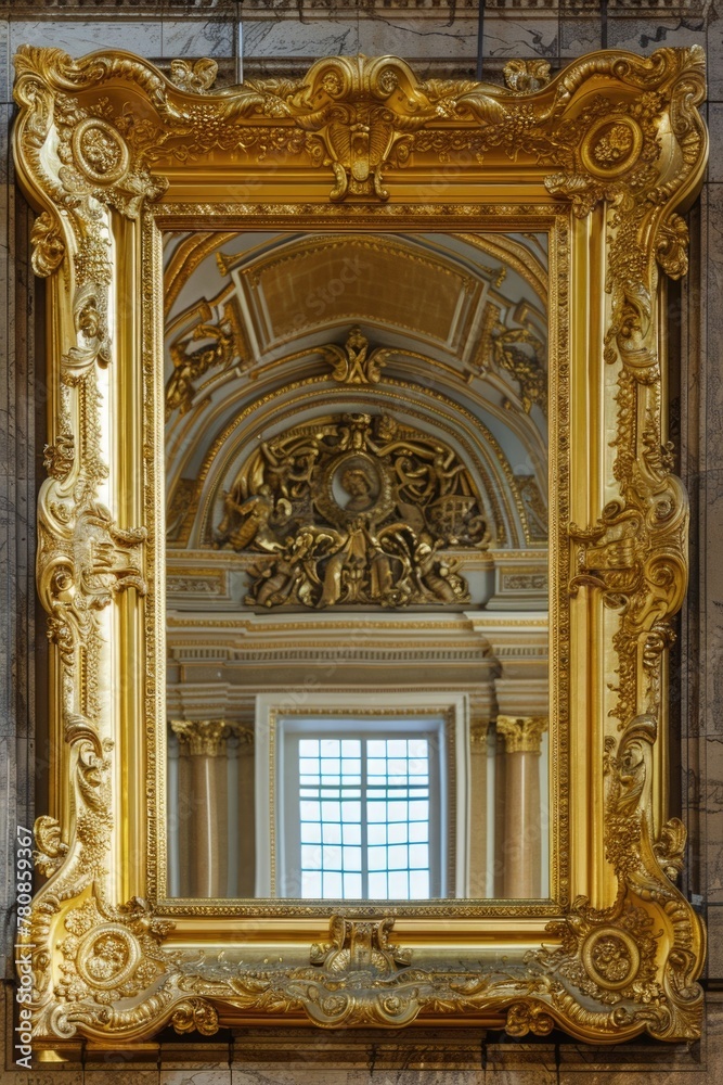 Poster a unique gold framed mirror with a window, suitable for interior design projects