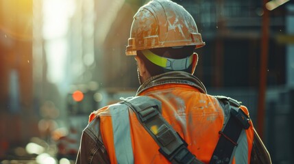 A construction worker wearing a hard hat and safety vest. Suitable for construction industry concepts - obrazy, fototapety, plakaty
