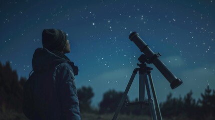 A man looking at the stars through a telescope. Suitable for astronomy enthusiasts - obrazy, fototapety, plakaty