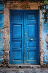 Fototapeta na wymiar Blue door open on stone building, suitable for real estate concepts