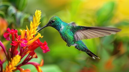 Obraz premium A beautiful hummingbird in flight over a colorful flower. Ideal for nature and wildlife themes