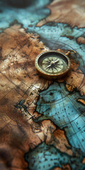 Vintage Compass on an Ancient World Map with Geographic Features
