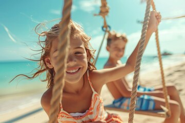 Kids having fun on swing at the beach, suitable for family vacation concept