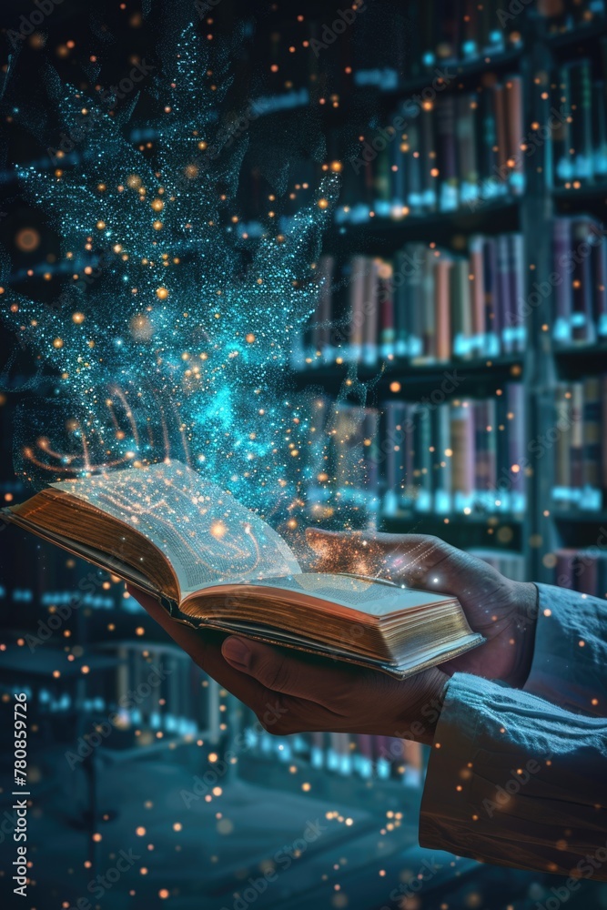Poster a person holding an open book in a library. perfect for educational or reading-related projects