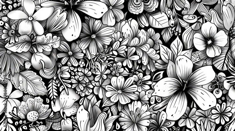 Poster a black and white drawing of flowers and butterflies. suitable for various design projects