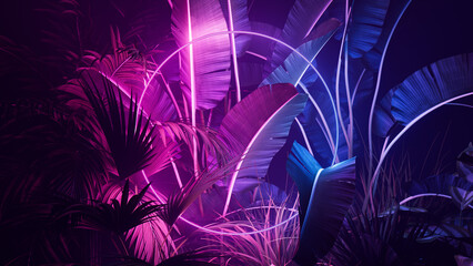 Cyberpunk Background Design. Tropical Plants with Pink and Blue, Circle shaped Neon Frame.