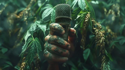 Fototapeten An evocative image of a microphone held amid lush green foliage, suggesting themes of nature and communication © Yusif