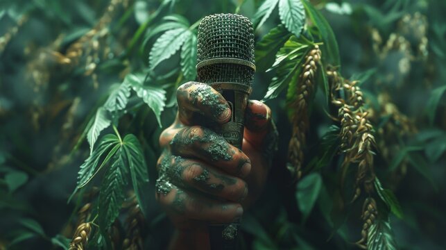 Fototapeta An evocative image of a microphone held amid lush green foliage, suggesting themes of nature and communication