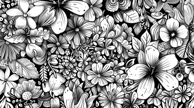A black and white drawing of flowers and butterflies. Suitable for various design projects