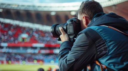 A man capturing a soccer game. Suitable for sports events