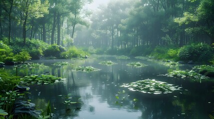  a secluded pond nestled within a verdant forest, where the stillness of the water mirrors the lush...