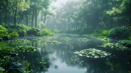 Foto op Canvas  a secluded pond nestled within a verdant forest, where the stillness of the water mirrors the lush foliage surrounding it, transporting viewers to a realm of quiet contemplation and natural harmony © Muzamil