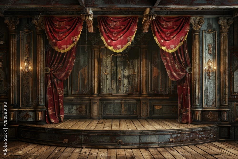 Poster a stage with red curtains and wooden floor. perfect for theater or performance concepts