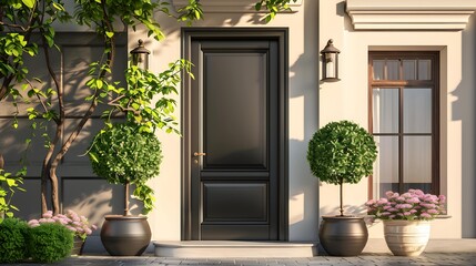 Fototapeta premium Main door to the luxury house with spring decoration, beautiful elegant entrance to the house, modern and elegant door, Spring time, Mockup