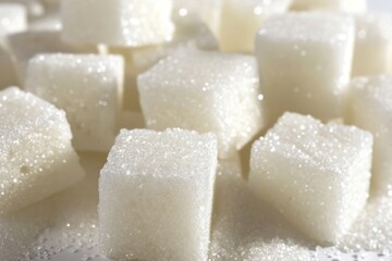 Macro shot of sparkling white sugar cubes with selective focus and a bright background. Close-up of White Sugar Cubes