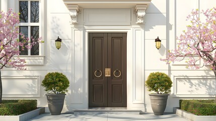 Main door to the luxury house with spring decoration, beautiful elegant entrance to the house, modern and elegant door, Spring time, Mockup