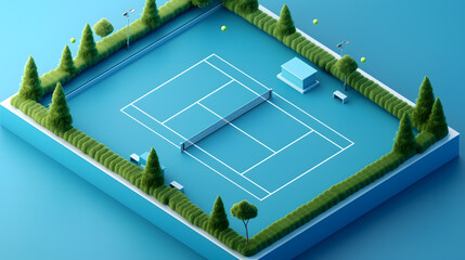 Isometric Illustration of a Modern Tennis Court by the Water - obrazy, fototapety, plakaty