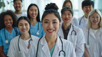 Group of happy mixed race doctors in a uniform are smiling in a hospital. World health day concept.