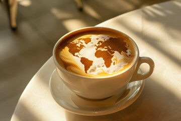 Latte coffee mug with foam in the shape of a world map. 
