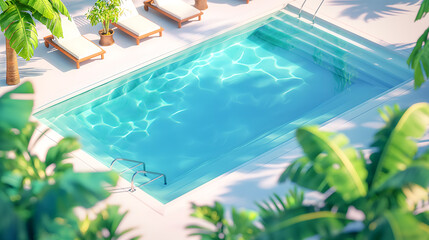 Fototapeta na wymiar Low-Poly Style Serene Swimming Pool Scene in Colorful Landscape