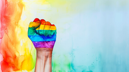 Raised rainbow fist for PRIDE month and the LGBT movement. Sexuality freedom concept