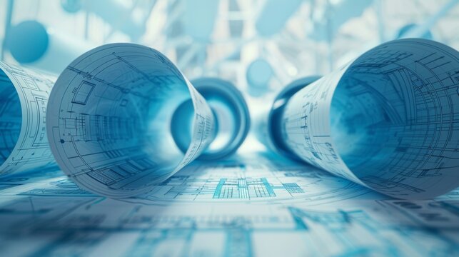 Rolled Architectural Blueprints on Desk