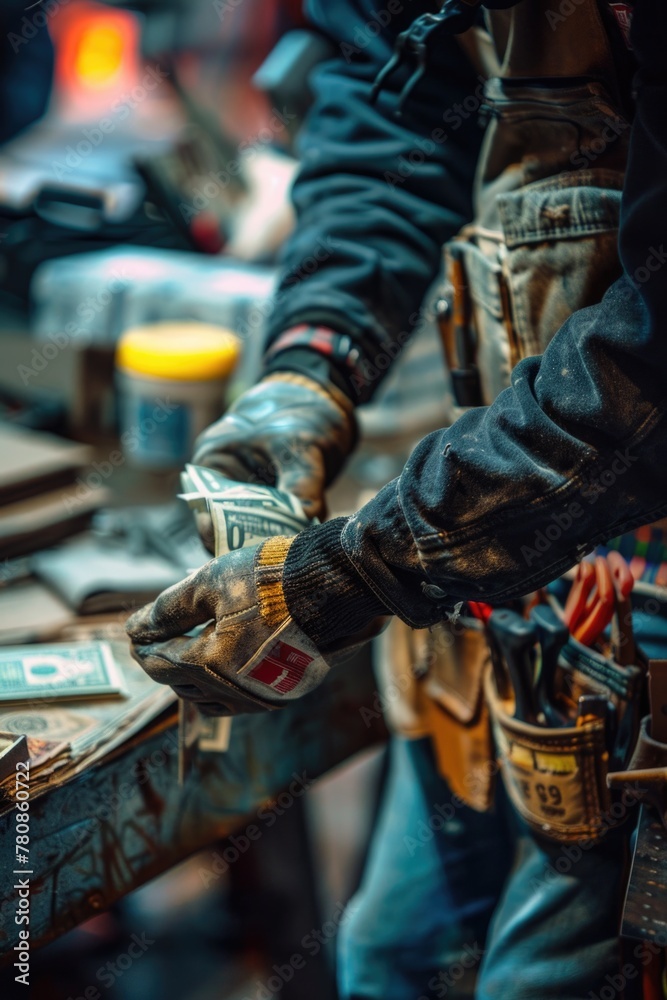 Poster A man is seen working with various tools on a table. Suitable for construction or DIY projects