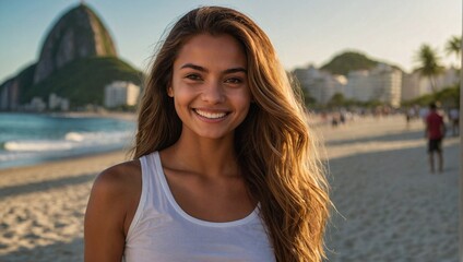 Jovem mulher brasileira em uma praia no Rio de Janeiro, Brasil - obrazy, fototapety, plakaty
