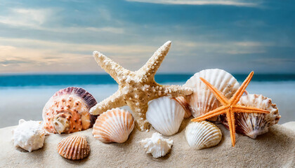 Fototapeta na wymiar Seashells and starfish on the sand with sea background. Holiday, summer concept