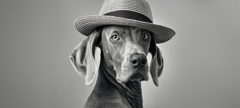 A black and white photo of a dog wearing a hat. Suitable for pet lovers and animal enthusiasts