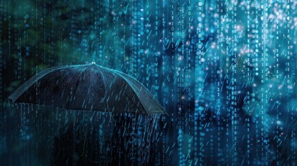 A conceptual image of an umbrella composed of binary code, symbolizing protection from digital rain