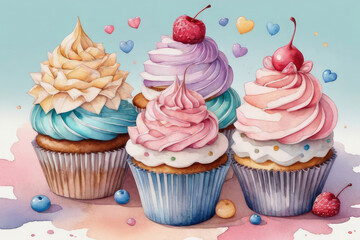 Sweet cupcakes with berry and whipped cream for sweet design in watercolor style. - obrazy, fototapety, plakaty
