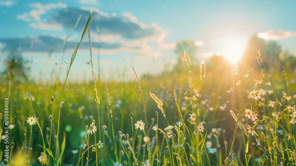 Poster a beautiful field of grass and flowers with the sun shining in the background. suitable for various 