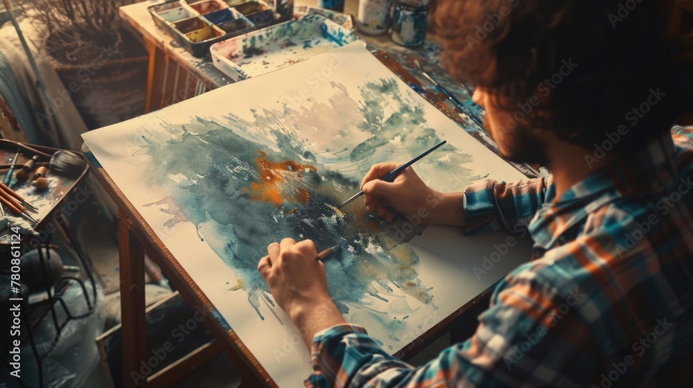 Poster a man is painting a picture on a canvas. suitable for artistic projects