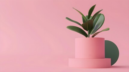 Minimal abstract background for branding and product presentation. Green subtle geometric on pink background. 3d rendering illustration. Clipping path of each element included