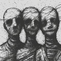 Three people drawn with a simple pencil. They appear to be different people, but are connected. Splitting personality, depression, or other mental disorder. Mental confusion. Illustration for design. - obrazy, fototapety, plakaty
