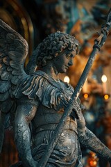 A statue of an angel holding a staff, suitable for religious or spiritual themes