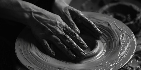 Close-up of hands working on pottery wheel. Great for art and craft projects