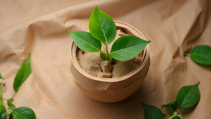 Close up of a young plant with luscious green leaves in a wooden planter set against a crinkled paper backdrop, symbolizing life and nature