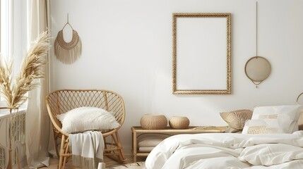 Mockup frame in kids' bedroom with wicker furniture, coastal boho style