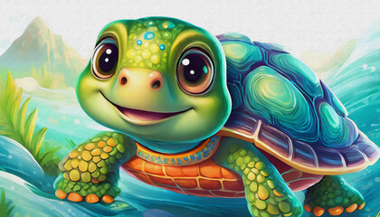 OIL PAINTING STYLE CARTOON CHARACTER CUTE BABY TURTLE takes a selfie isolated on white background, top view.,
