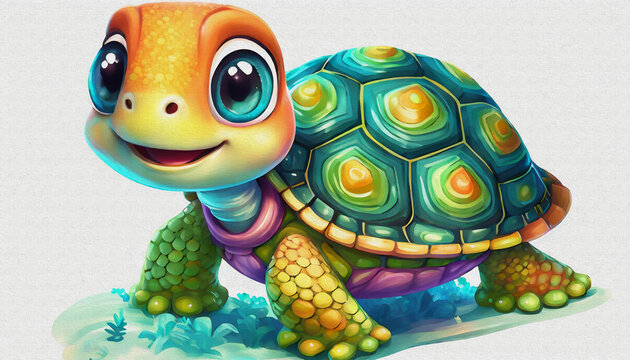 OIL PAINTING STYLE CARTOON CHARACTER CUTE BABY TURTLE takes a selfie isolated on white background, top view.,