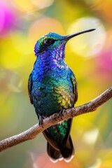 Fototapeta premium Vibrant hummingbird perched on a tree branch, suitable for nature themes
