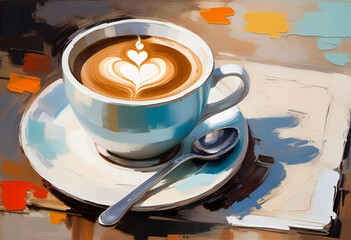Latte coffee, impressionism painting style. Cup of fresh coffee, illustration - obrazy, fototapety, plakaty