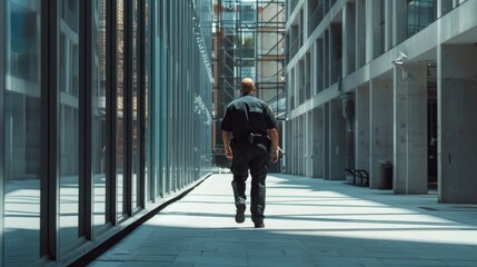 Obraz premium A man walking down a street past tall buildings, suitable for urban themes