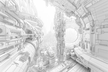 High-contrast digital concept art featuring a cityscape of futuristic buildings rendered in detailed wireframes, with a hint of holographic shimmer for a futuristic edge