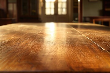 A wooden table in a room with a door in the background. Suitable for interior design concepts