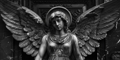 A black and white photo of a majestic angel statue. Suitable for various design projects